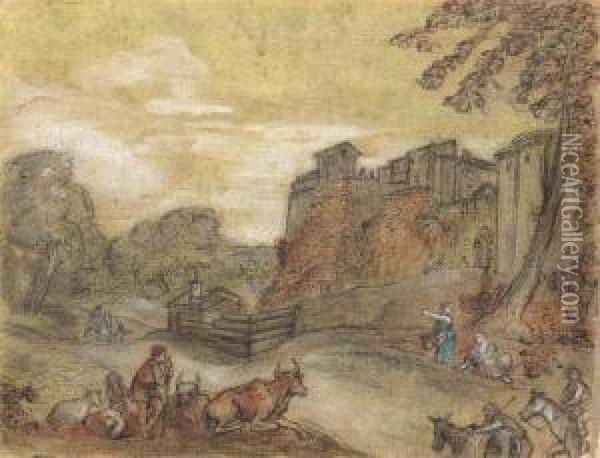 Landscape With Resting Sheperds And Travellers At The Walls Of A City. Oil Painting - Charles Joseph Natoire