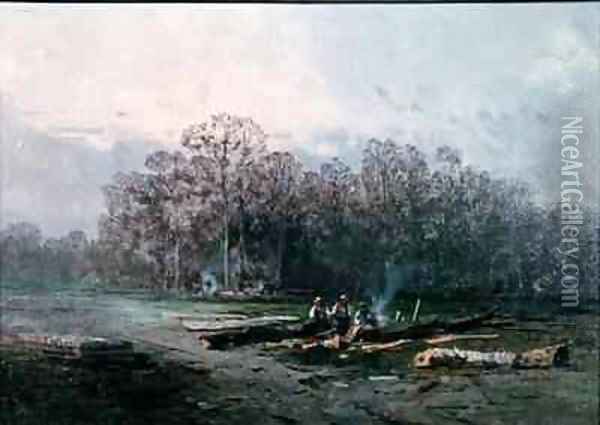 Misty Landscape with Woodcutters Oil Painting - Eugene Deshayes