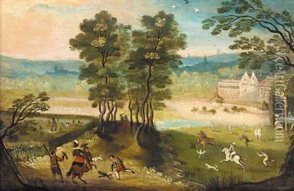 A hunting party in a landscape Oil Painting - Jacob Grimmer