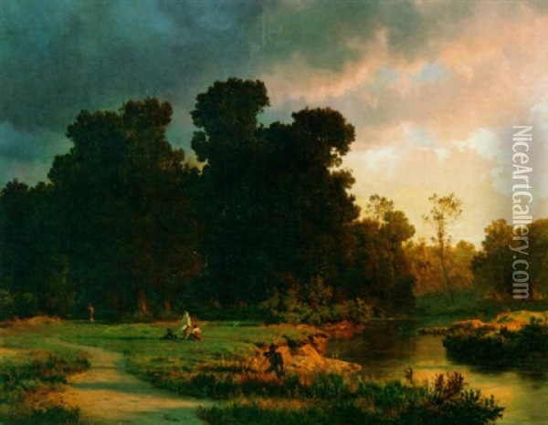 A River Landscape At Dusk Oil Painting - Oswald Achenbach