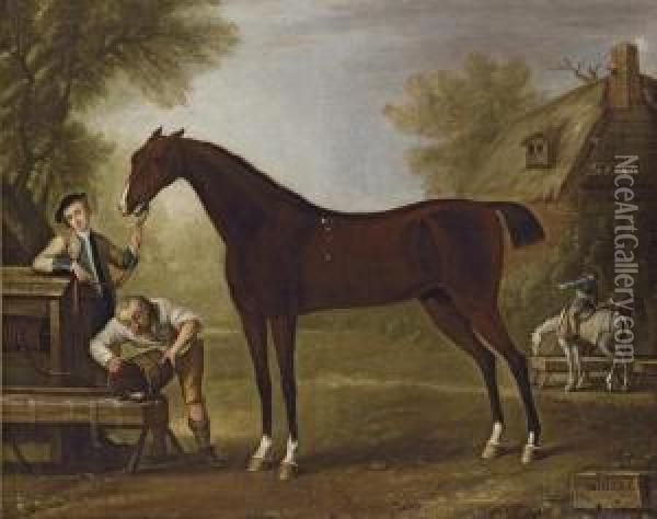 Flying Childers Held By A Groom, With Other Figures, In A Landscape With A Cottage Beyond Oil Painting - Thomas Stringer