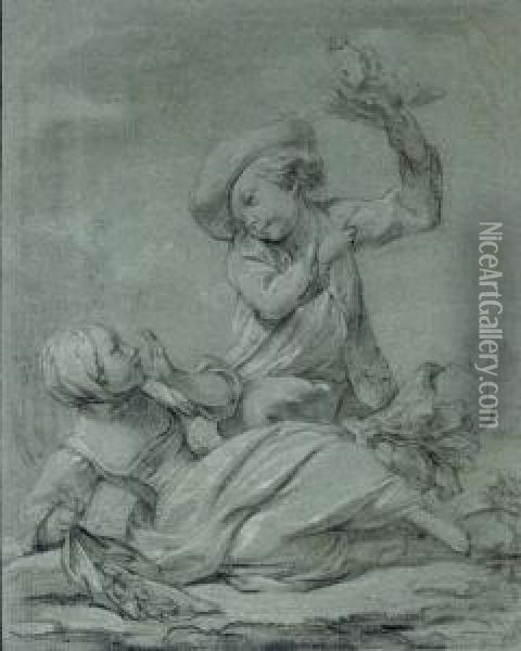 Two Children Playing Oil Painting - Etienne-Maurice Falconet