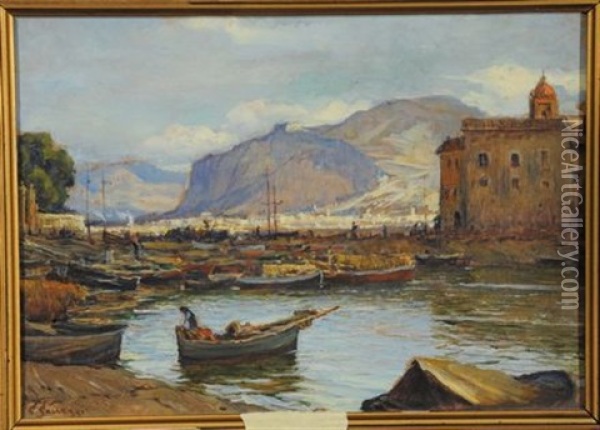 Palermo Vista Dal Porto Di Sant'erasmo Oil Painting - Cesare Saccaggi