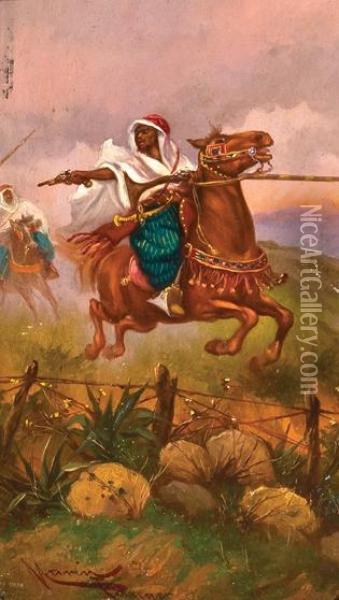 Arab Horsemen Riding Into Battle Oil Painting - Emile Marin