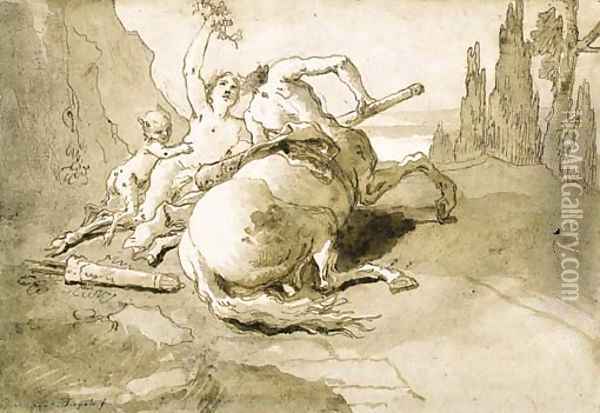 A centaur garlanded by a satyress and a faun Oil Painting - Giovanni Domenico Tiepolo