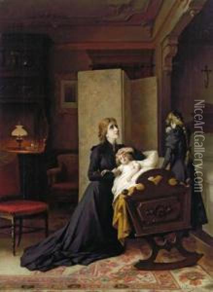 Mutter Und Tochter An Der Wiege Oil Painting - Luigi Crosio