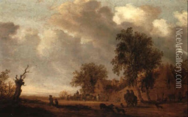 A Landscape With Travellers By A Village Oil Painting - Salomon van Ruysdael