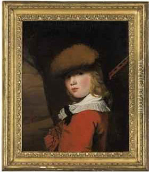 Portrait Of A Boy, Bust-length, 
In A Red Coat With A White Collarand A Fur Hat, Holding A Gun, In A 
Landscape - Unfinished Oil Painting - John Opie