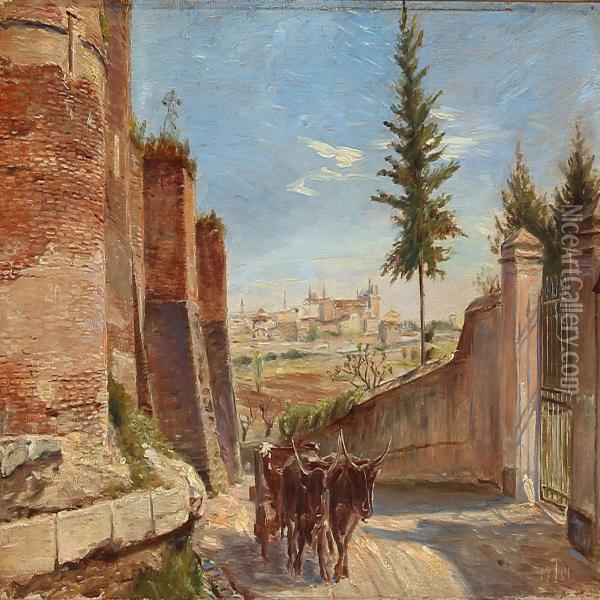 Behind The Walls Of Rome, Seen From Via Latina Out Against The Lateran Church Oil Painting - Theodor Philipsen