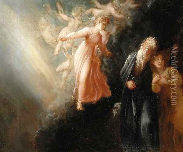 Prospero, Miranda and Ariel, from The Tempest, c.1799 Oil Painting - Thomas Stothard