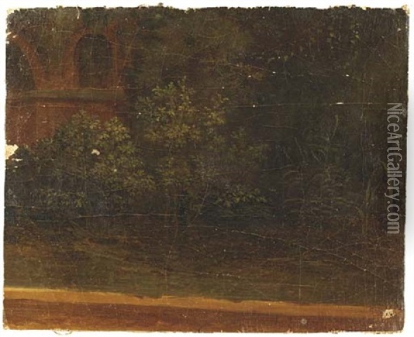 Des Arbustes Devant Un Aqueduc Oil Painting - Simon-Joseph-Alexandre Clement Denis