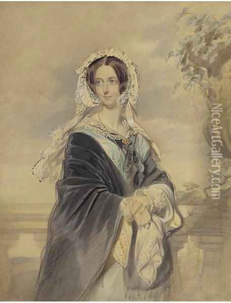 Portrait of Queen Victoria, three-quarter-length, standing on the terrace at Osborne House, carrying her son Alfred Ernest Albert Oil Painting - Edmund Havell Jnr.