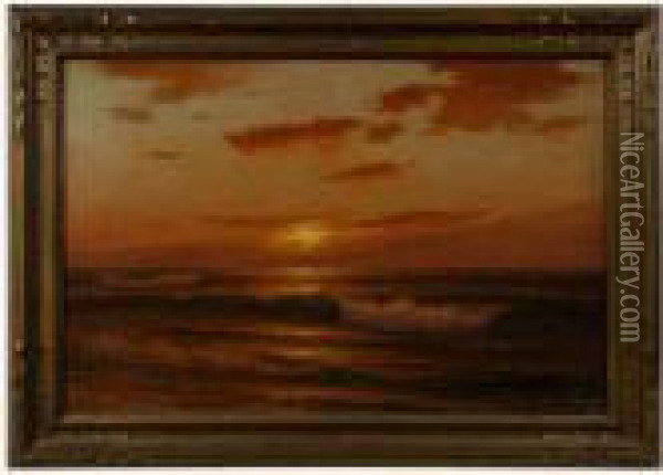 A Sailors Sunset Over Crashing Surf. Oil Painting - Warren W. Sheppard
