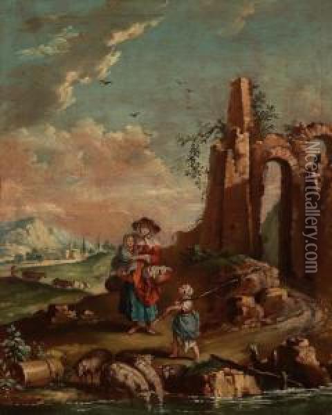 Coppia Di Paesaggi Con Antiche Rovine Oil Painting - Domenico Pecchio