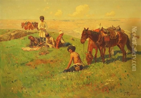 Kaukasischer Reitertrupp Bei Der Rast Oil Painting - Franz Roubaud