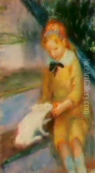 Lenna Feeding A Rabbit Oil Painting - William Glackens