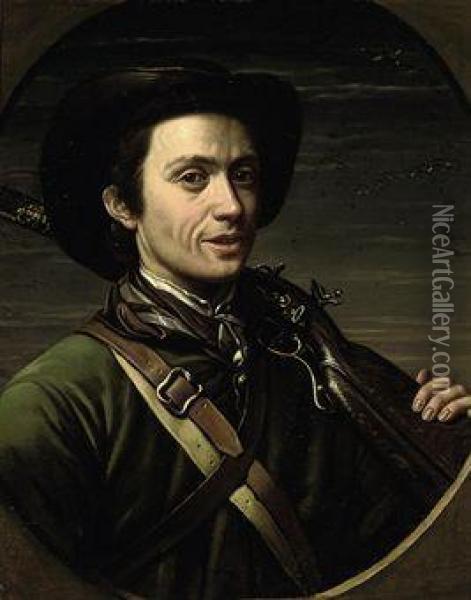 Portrait Of The Artist, Bust-length, In Hunting Dress, A Rifleresting On His Shoulder, With Duck In Flight Beyond Oil Painting - Giovanni Francesco Briglia
