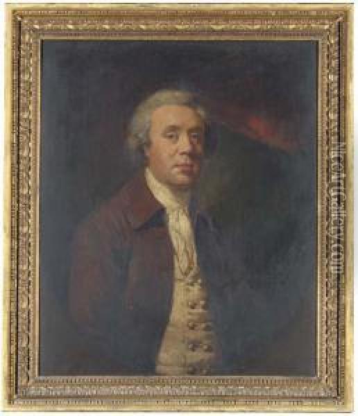 Portrait Of Richard Baylay Of 
Stoke Damerall Near Plymouth, Half-length, In A Brown Coat And White 
Stock And Vest, Feigned Oval Oil Painting - James Northcote