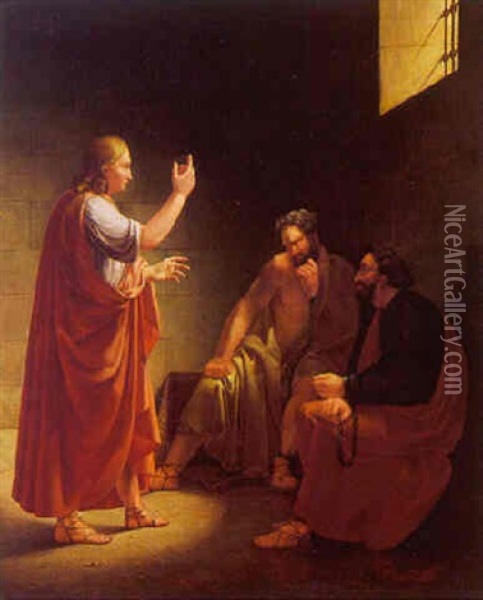 Christus I Fangekaelderen Med De To Rovere Oil Painting - Albert Kuchler