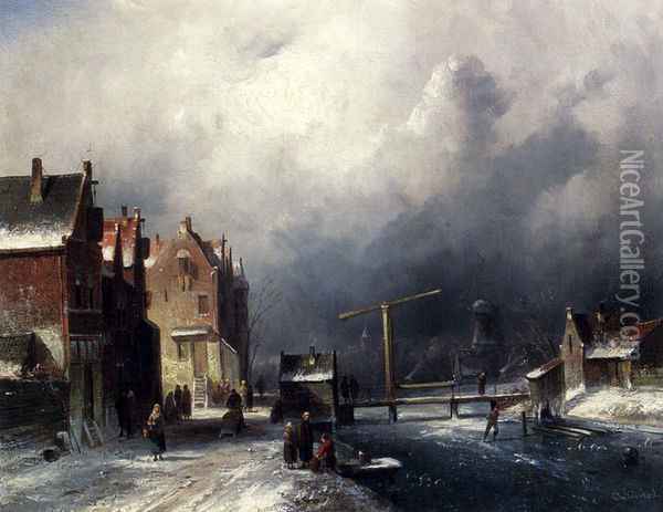 Figures In A Dutch Town By A Frozen Canal Oil Painting - Charles Henri Joseph Leickert