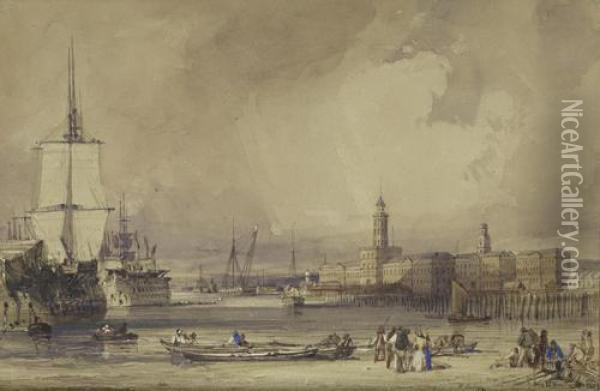 A View Across Portsmouth Harbour From The Foreshore Oil Painting - William Callow