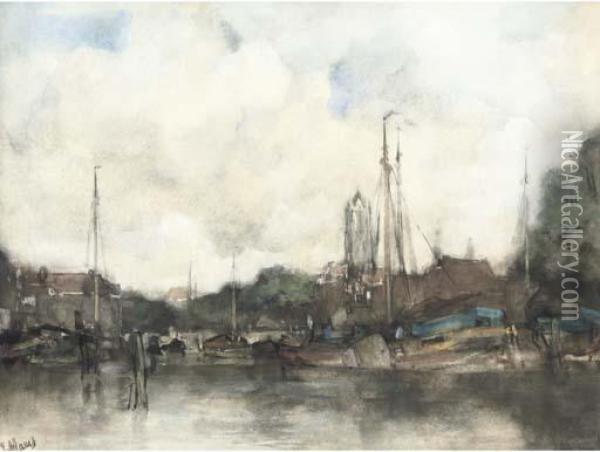 A View Of A Dutch Harbour Town Oil Painting - Jacob Henricus Maris