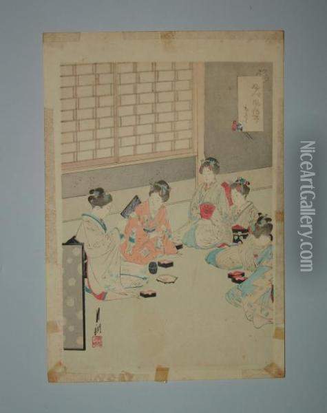 Cinq Jeunes Femmes Assises Oil Painting - Ogata Gekko