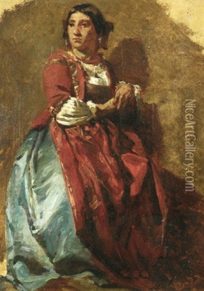 Junge Italienerin In Tracht (study) Oil Painting - Domenico Induno