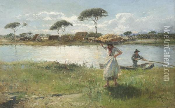 Flusslandschaft Mit Bauerin Und Fischer Am Ufer Oil Painting - Henry Raschen