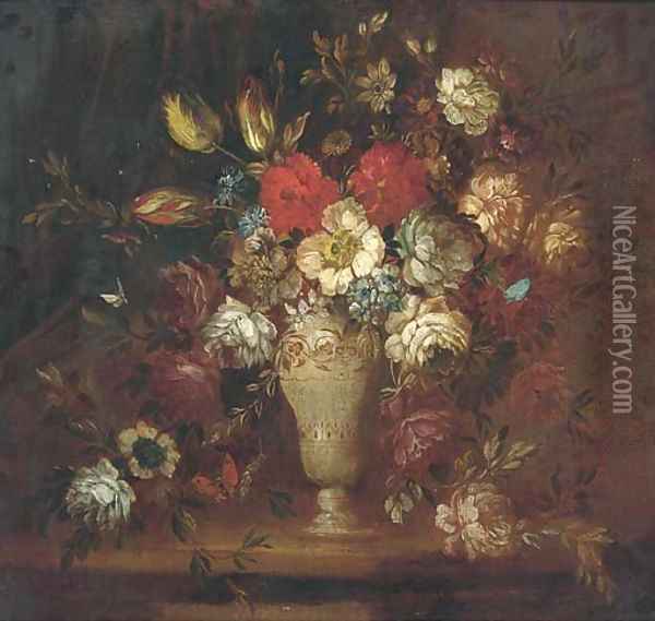 Roses, tulips, and other flowers in a vase with a butterfly on a ledge Oil Painting - Andrea Belvedere