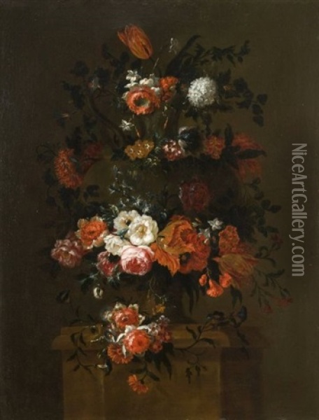 Deux Bouquets De Fleurs Sur Des Pilastres Oil Painting - Gaspar Pieter Verbrueggen the Elder