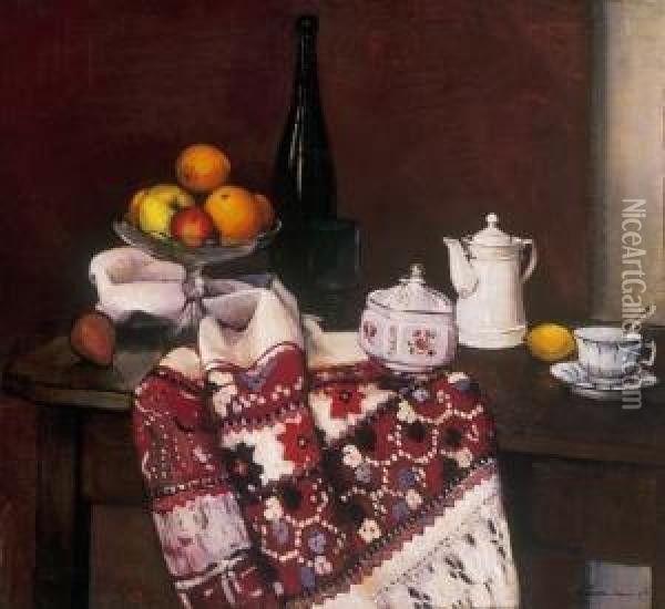 Still Life With Table-cloth And Porcelain Oil Painting - Janos Krizsan