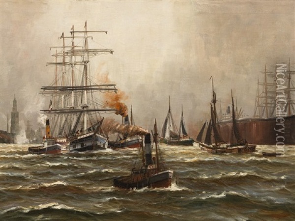 Harbour Of Hamburg With Ships Oil Painting - Alfred Serenius Jensen