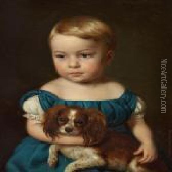A Little Girl With Her Dog Oil Painting - Andreas Herman Hunaeus