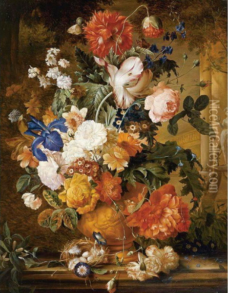 Peonies, Roses, Carnations, An Iris, Anemones, Auricula And Other Flowers In A Terracotta Vase, With Orange Blossom, Morning Glory And A Birds Nest On A Marble Ledge, A Colonnade Beyond Oil Painting - Melanie de Comolera