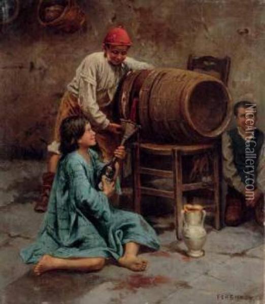 Bambini In Cantina Oil Painting - Karoly Ferenczy