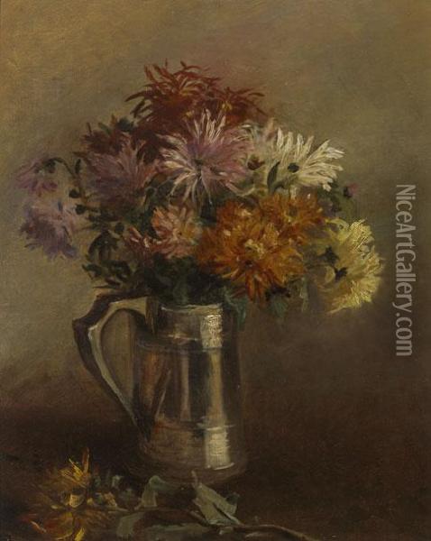 Still Life With Chrysanthemums In Silver Jug Oil Painting - Hans, Jean Iten