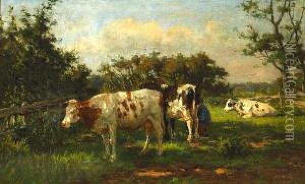 Cows Grazing In A Sun-dappled Meadow Oil Painting - Herman Wolbers