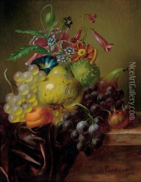 A Pear, Grapes, A Fig, An Apricot, A Horse-chestnut And Summer Blooms Flowers On A Draped Ledge Oil Painting - Johannes Jun Reekers