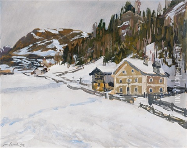 Verschneite Winterlandschaft Mit Gehoft Und Hugelhintergrund Oil Painting - Johannes Haensch