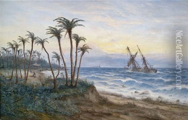 Afrikanische Kustenlandschaft Mit Zweimastsegler Oil Painting - Max Schroeder-Greifswald the Younger
