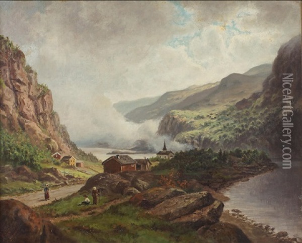 Fjordlandskap Med Byggnader Och Figurer Oil Painting - Edward (Johan-Edvard) Bergh