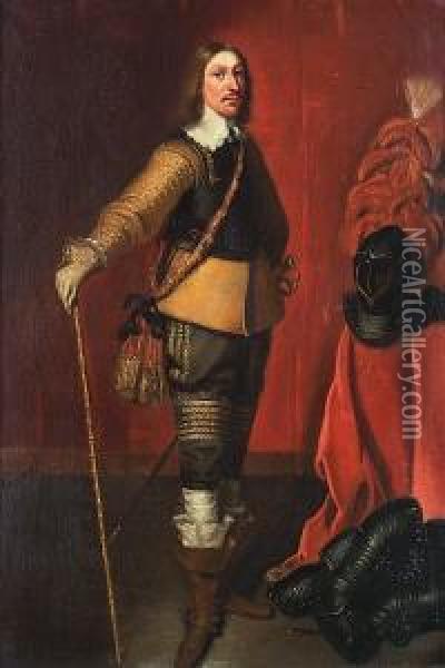 Portrait Of An Officer, Standing Small-full-length, In An Embroidered Coat With A Breast Plate And Sash, Holding A Cane, By A Draped Table With A Helmet, And Armour Oil Painting - Harmen Willemsz. Wieringa