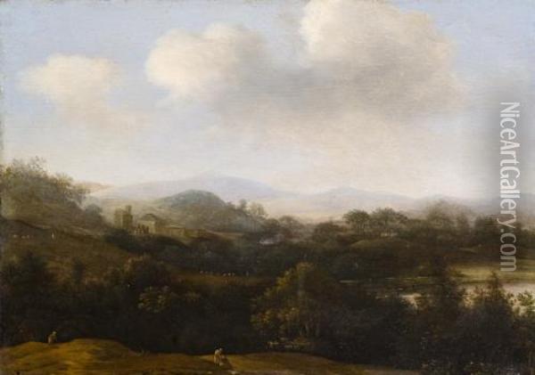 Paesaggio Boschivo Con Viandanti E Borgo In Lontananza Oil Painting - Frans Jansz. Post