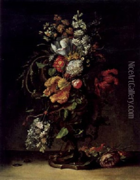 Ein Blumenstraus Mit Rosen, Tulpen Und Anderen Bluten In Einer Skulptierten Steinvase Oil Painting - August Wilhelm Sievert