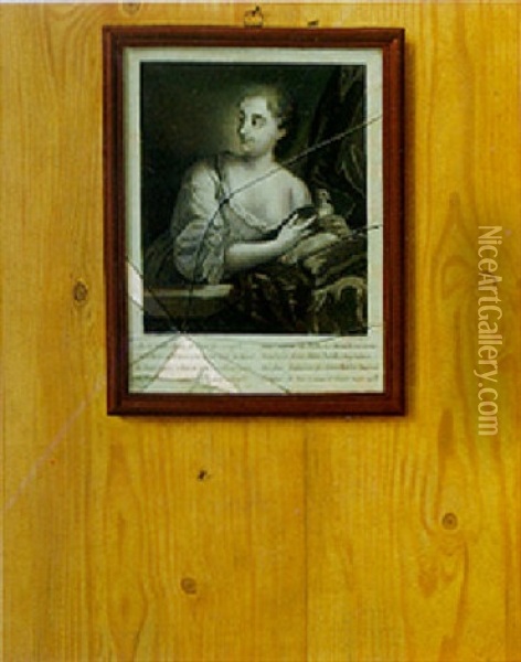 Trompe L'oeil Still Life Of A Print Under Broken Glass Hanging On A Wooden Board Oil Painting - Gabriel (Gaspard) Gresly