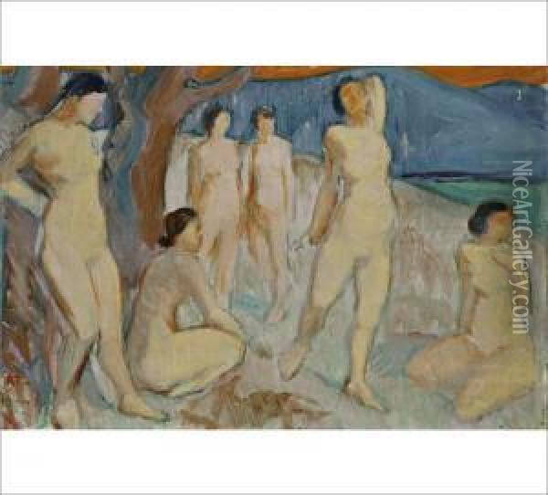 Bathers Oil Painting - Jalmari Ruokokoski