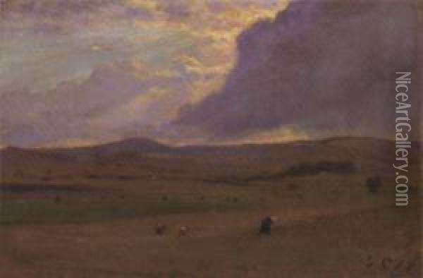 Harvesting At Sunset Oil Painting - Godfred B.W. Christensen