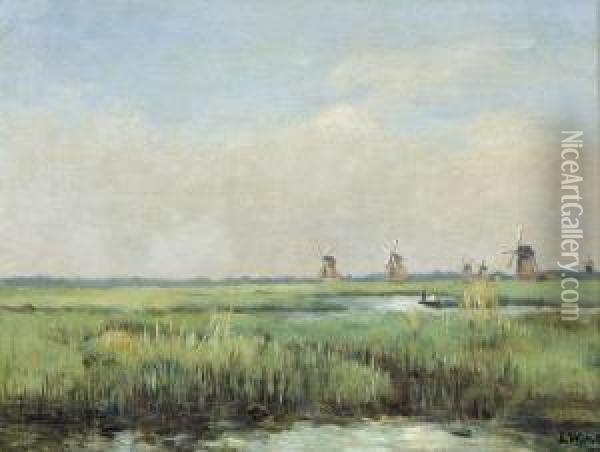Hollandische Auenlandschaft Mit Windmuhlen. Oil Painting - Louis-Francois-V. Watelin