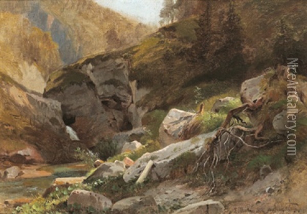 Felsiges Bachufer Oil Painting - Ludwig Georg Eduard Halauska